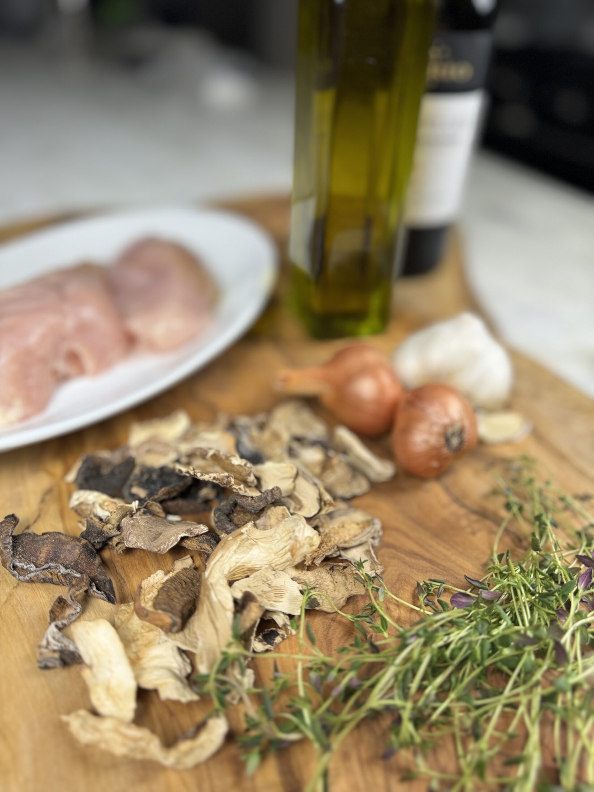 dried wild mushrooms, thyme, shallots, garlic, and other ingredients