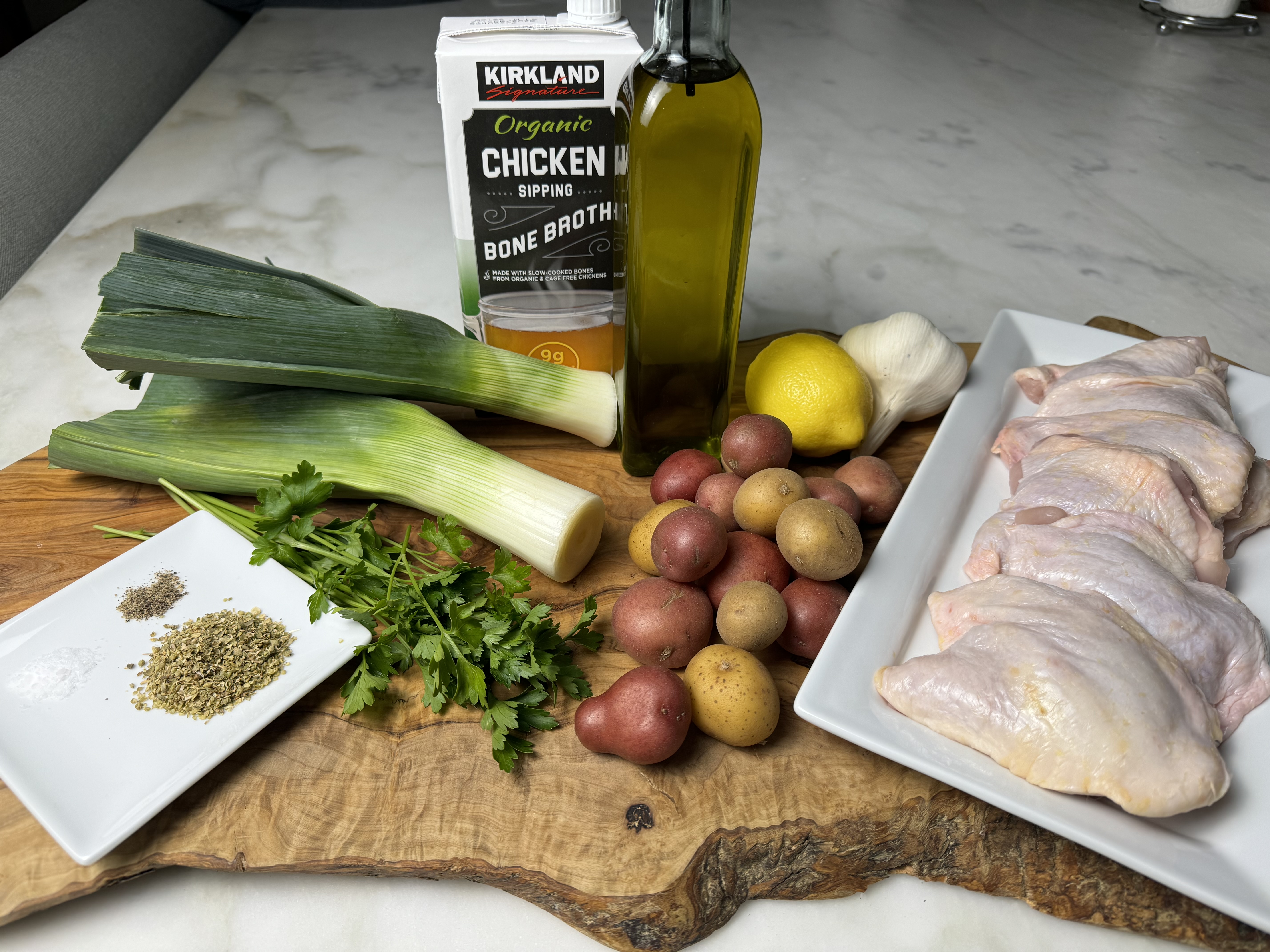 Ingredients for chicken leeks and potatoes