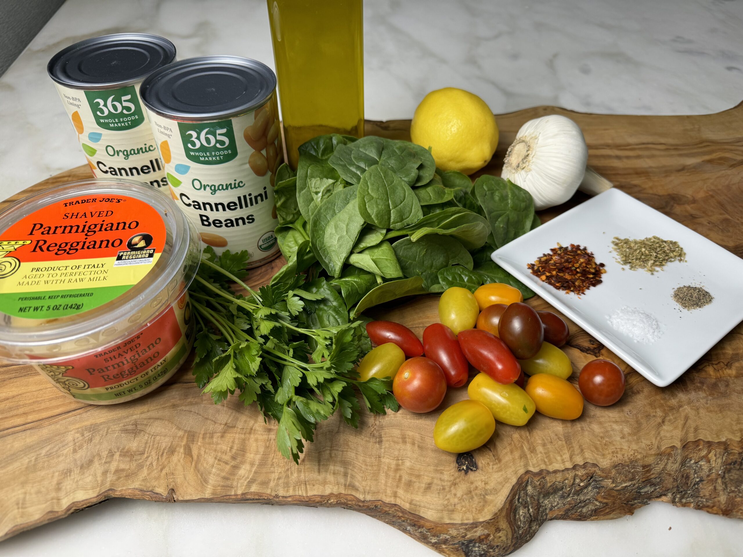 ingredients for white beans with tomatoes and greens