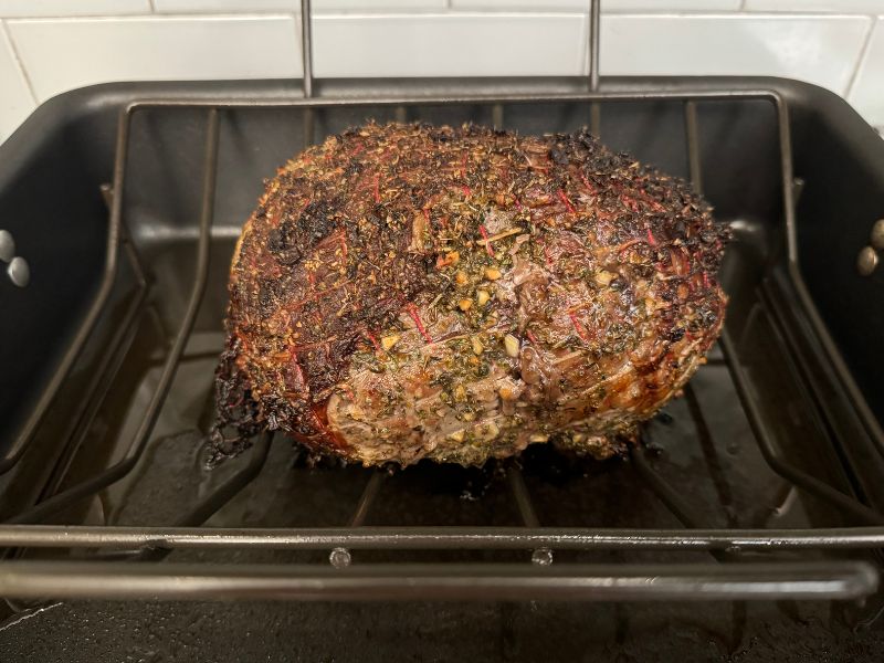 Roasted leg of lamb on rack