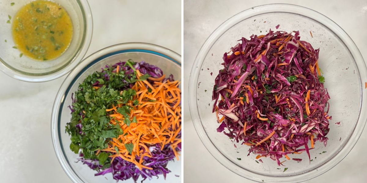 tossing purple cabbage slaw