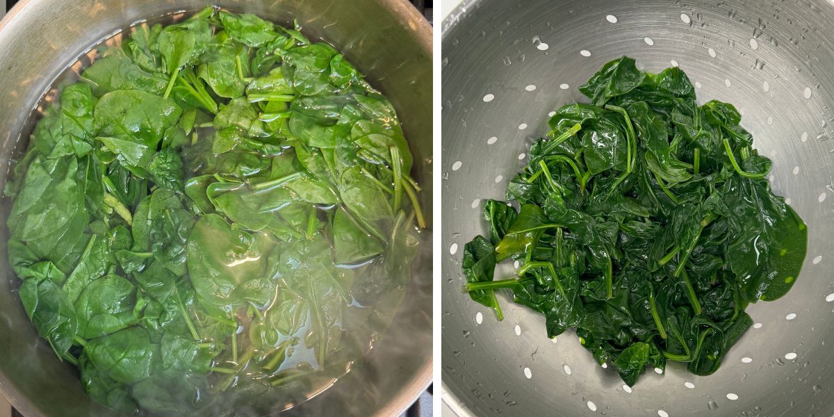 Blanched and drained spinach