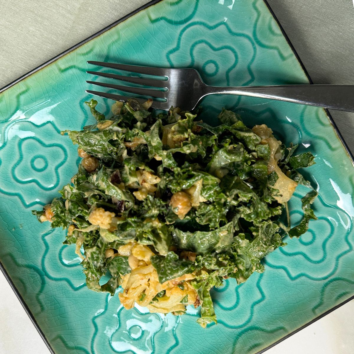 Cauliflower and chickpea salad plated overhead