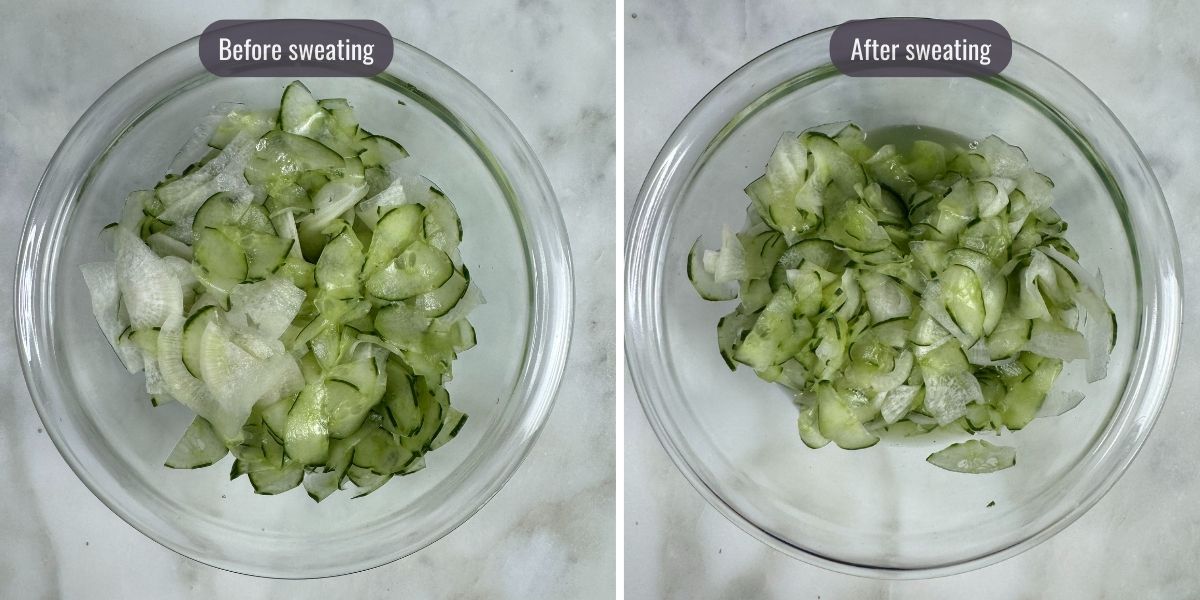 Cucumber and daikon sweating in bowl