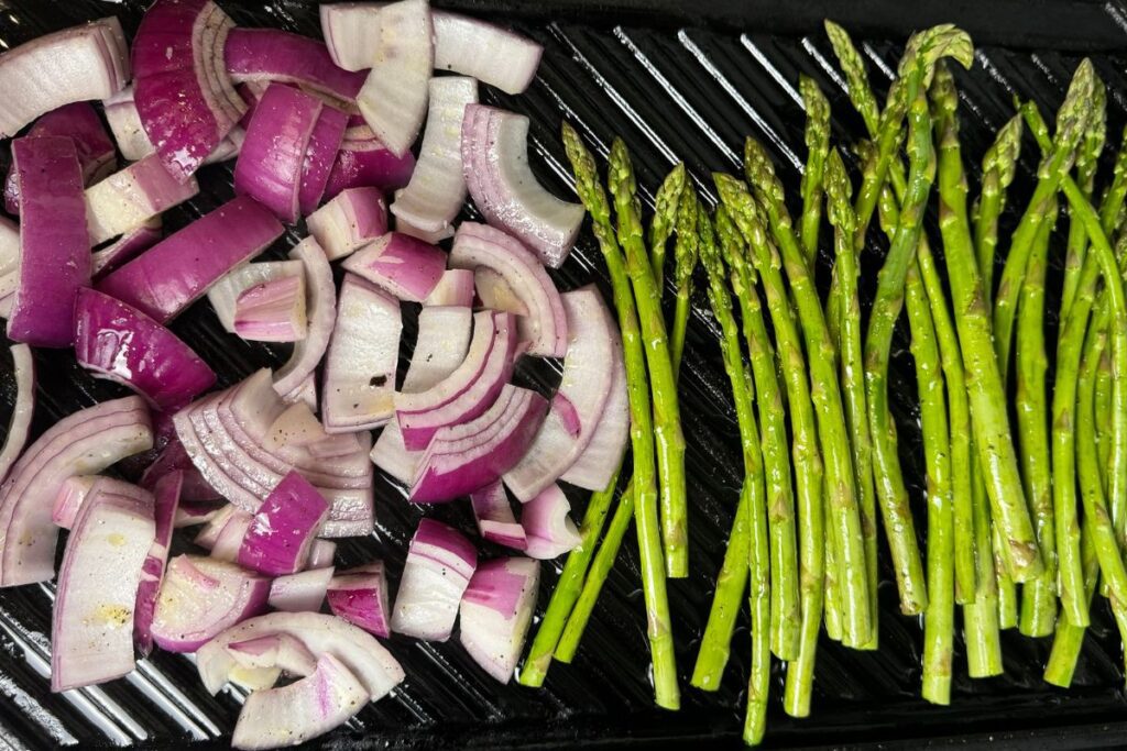 Grilling onions and asparagus