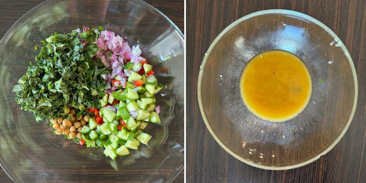 Quinoa Kale Salad veggies and dressing in bowls