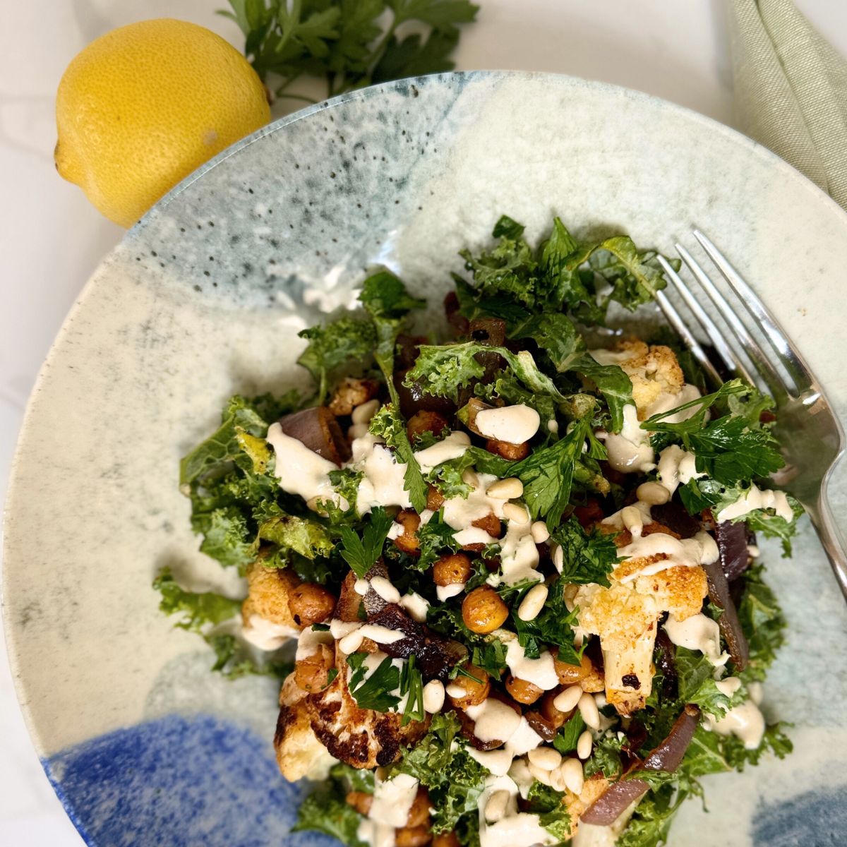 Roasted Cauliflower and Chickpea Salad plated