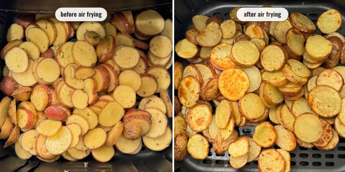 red potatoes in air fryer, before and after cooking