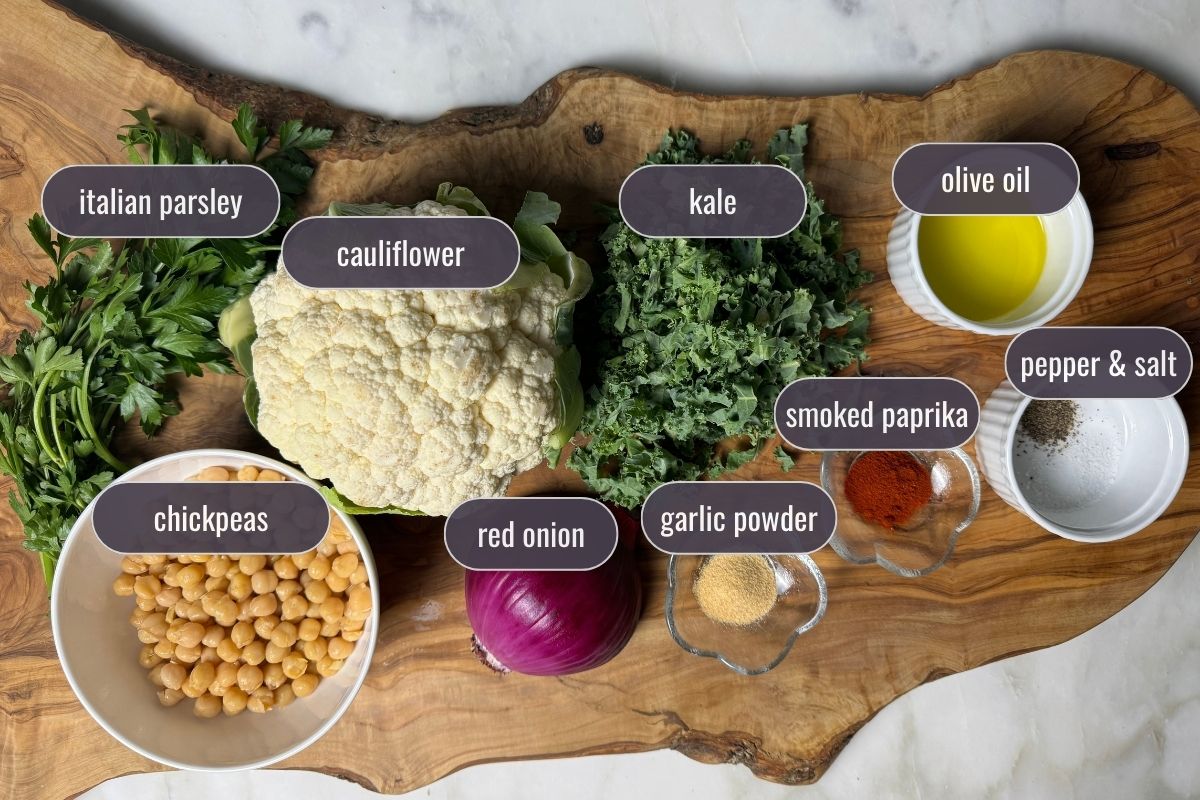 Roasted cauliflower and chickpea salad ingredients