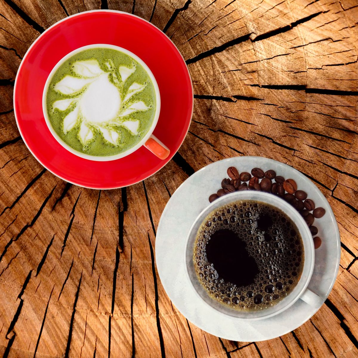 Cups of matcha and coffee on wood table