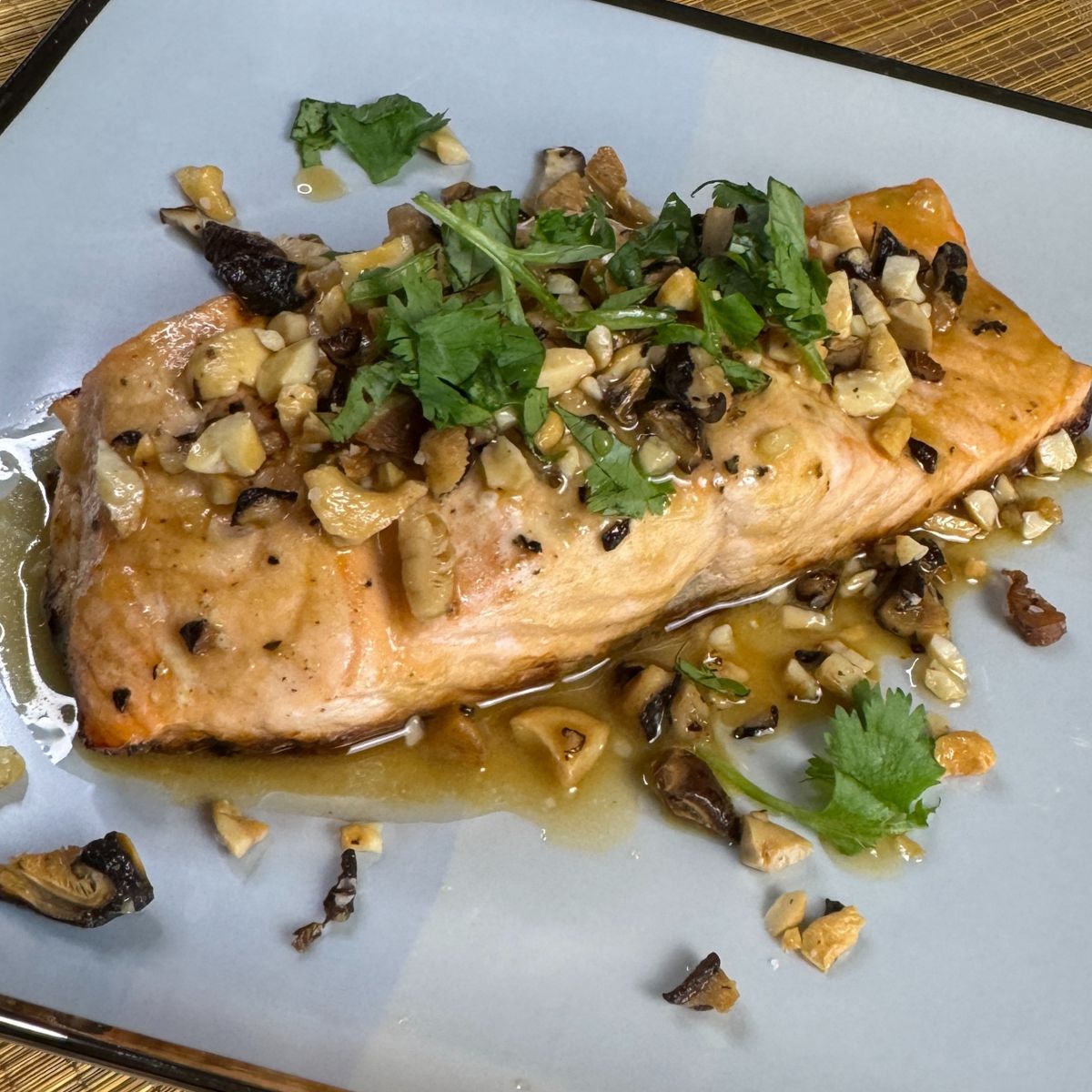 Glazed Salmon with Shiitake Mushrooms and Cashews closer up