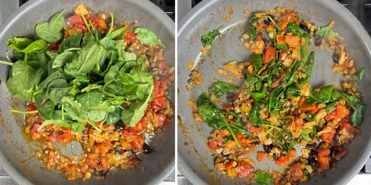 Adding spinach to tapenade in pan