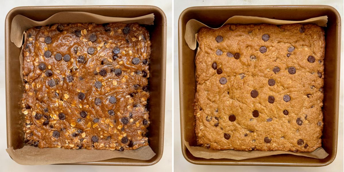 Oatmeal Blondies in Pan Before and After Baking