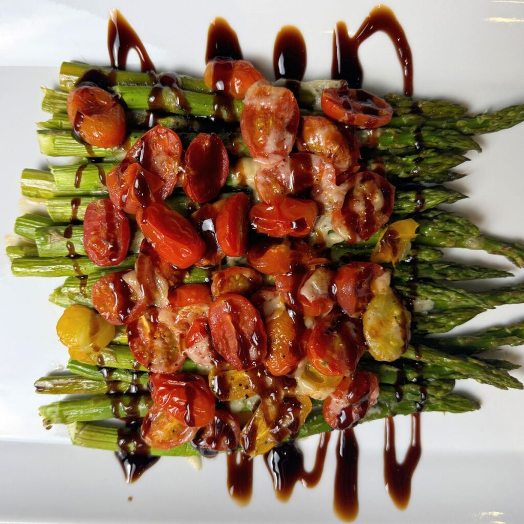 Parmesan Roasted Asparagus with Tomatoes Overhead