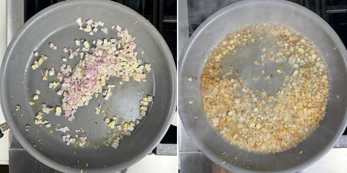 Shallots and white wine in pan