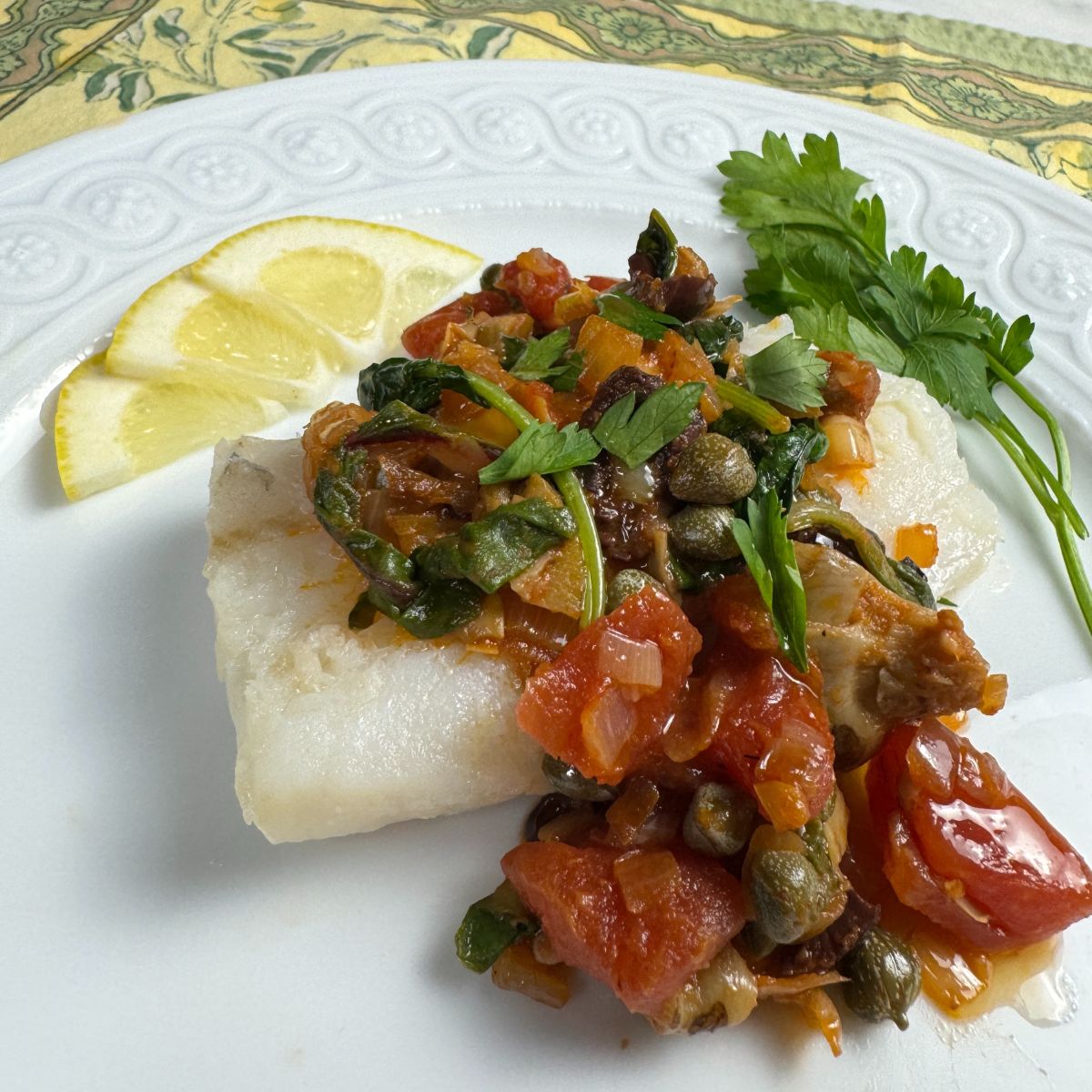 White Fish with Tomato Artichoke Tapenade