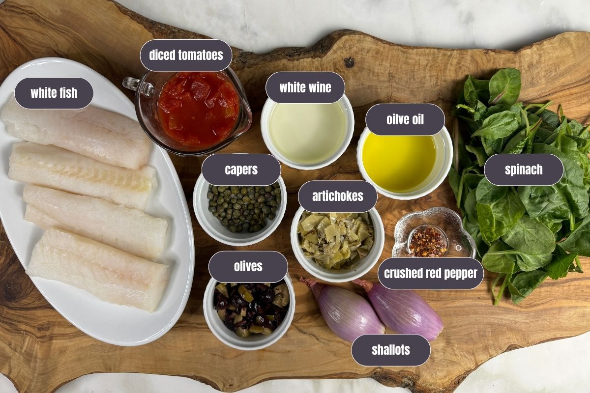 White fish with tapenade ingredients